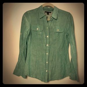 Green linen long sleeved button down shirt